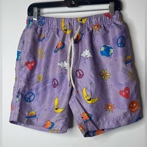 Ambsn Banana Fun Cartoon graphic Print Swim Shorts Mens Medium Purple 7” Inseam